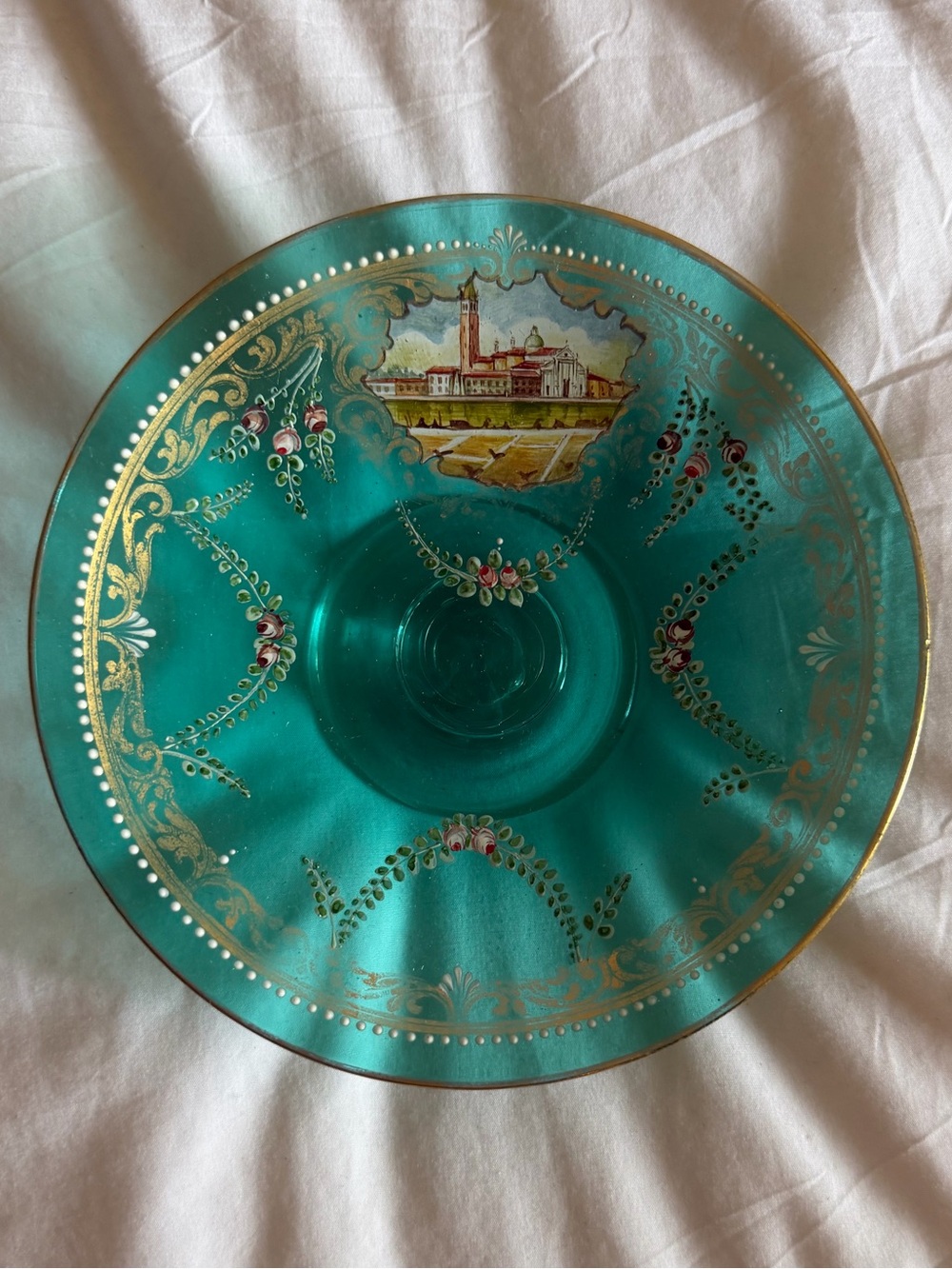 Antique 1900s Venice Teal Murano Italian Glass Dish with Gold Scroll Handpainted